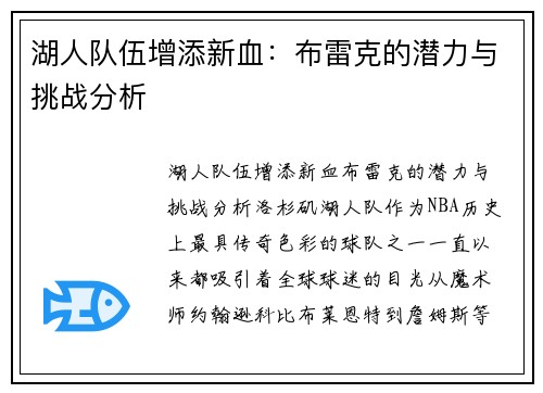 湖人队伍增添新血：布雷克的潜力与挑战分析