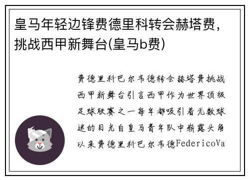 皇马年轻边锋费德里科转会赫塔费，挑战西甲新舞台(皇马b费)