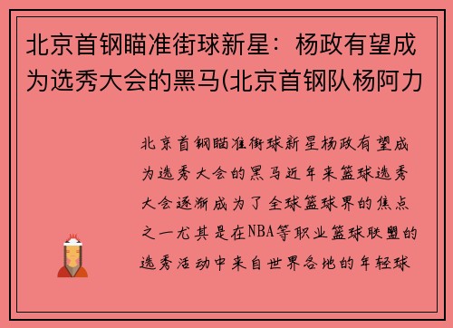 北京首钢瞄准街球新星：杨政有望成为选秀大会的黑马(北京首钢队杨阿力)