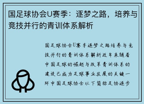国足球协会U赛季：逐梦之路，培养与竞技并行的青训体系解析