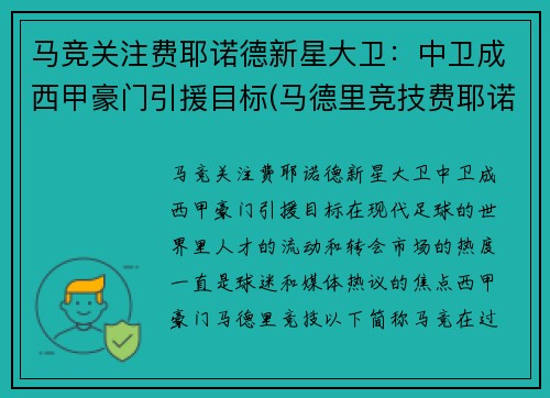 马竞关注费耶诺德新星大卫：中卫成西甲豪门引援目标(马德里竞技费耶诺德)